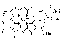 structure of CAS# 28302-36-5, Sodium copper chlorophyllin;Trisodium (SP-4-2)-[(7S,8S)-3-carboxy-5-(carboxymethyl)-13-ethenyl-18-ethyl-17-formyl-7,8-dihydro-2,8,12-trimethyl-21H,23H-porphine-7-propanoato(5-)-kN21,kN22,kN23,kN24]-cuprate(3-)