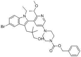 Benzyl (S)-4-(5-(5-bromo-1-ethyl-3-(3-hydroxy-2,2-dimethylpropyl)-1H-indol-2-YL)-6-(1-methoxyethyl)pyridin-3-YL)piperazine-1-carboxylate molecular structure (CAS 2865162-09-8)