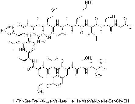 L-Threonyl-L-seryl-L-tyrosyl-L-valyl-L-lysyl-L-valyl-L-leucyl-L-histidyl-L-histidyl-L-methionyl-L-valyl-L-lysyl-L-isoleucyl-L-serylglycine molecular structure (CAS 290834-06-9)