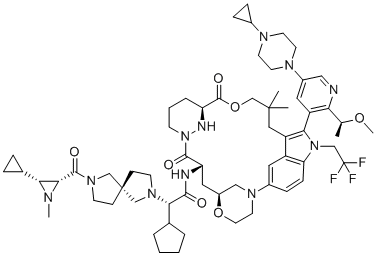 structure of CAS# 2922732-54-3, RMC-9805;KRAS G12D inhibitor 18; (2S)-2-cyclopentyl-2-[(5S)-2-[(2R,3R)-3-cyclopropyl-1-methylaziridine-2-carbonyl]-2,7-diazaspiro[4.4]nonan-7-yl]-N-[(6S,8S,14S)-21-[5-(4-cyclopropylpiperazin-1-yl)-2-[(1S)-1-methoxyethyl]pyridin-3-yl]-18,18-dimethyl-9,15-dioxo-22-(2,2,2-trifluoroethyl)-5,16-dioxa-2,10,22,28-tetrazapentacyclo[18.5.2.12,6.110,14.023,27]nonacosa-1(26),20,23(27),24-tetraen-8-yl]acetamide