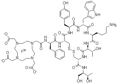 [N-[[4,7,10-Tris[(carboxy)methyl]-1,4,7,10-tetraazacyclododec-1-yl]acetyl]-D-phenylalanyl-L-cysteinyl-L-tyrosyl-D-tryptophyl-L-lysyl-L-threonyl-N-[(1R,2R)-2-hydroxy-1-(hydroxymethyl)propyl]-L-cysteinamide cyclic (2→7)-disulfidato]yttrium molecular structure (CAS 293295-66-6)