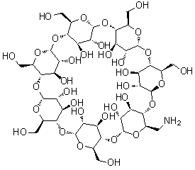 structure of CAS# 29390-67-8, Mono(6-deoxy-6-amino)-beta-cyclodextrin;6-Amino-6-deoxycyclomaltoheptaose; 6-Deoxy-6-amino-beta-cyclodextrin; 6-Monoamino-6-monodeoxy-beta-cyclodextrin; 6-Monoamino-beta-cyclodextrin; 6-Monodeoxy-6-monoamino-beta-cyclodextrin; Mono(6-amino-6-deoxy)-beta-cyclodextrin