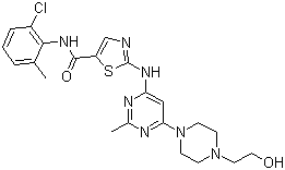 结构式 CAS# 302962-49-8, 达沙替尼; BMS 354825; N-(2-氯-6-甲基苯基)-2-[[6-[4-(2-羟乙基)哌嗪-1-基]-2-甲基嘧啶-4-基]氨基]-1,3-噻唑-5-甲酰胺
