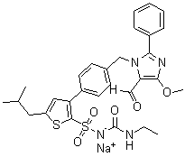 结构式 CAS# 306288-04-0, N-[(乙基氨基)羰基]-3-[4-[(5-甲酰基-4-甲氧基-2-苯基-1H-咪唑-1-基)甲基]苯基]-5-异丁基-2-噻吩磺酰胺单钠盐