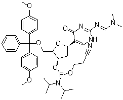N'-[5-[5-O-[Bis(4-methoxyphenyl)phenylmethyl]-3-O-[[bis(1-methylethyl)amino](2-cyanoethoxy)phosphino]-2-deoxy-beta-D-erythro-pentofuranosyl]-1,4-dihydro-4-oxo-2-pyrimidinyl]-N,N-dimethylmethanimidamide molecular structure (CAS 307314-31-4)