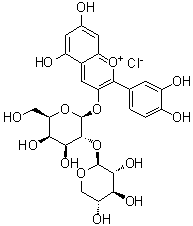 2-(3,4-二羟基苯基)-5,7-二羟基-3-[(2-O-beta-D-吡喃木糖基-beta-D-吡喃半乳糖基)氧基]-1-苯并吡喃鎓氯化物分子结构 (CAS 31073-32-2)