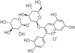 structure of CAS# 33012-73-6, Cyanidin-3-O-sambubioside chloride;Sambicyanin chloride; 2-(3,4-Dihydroxyphenyl)-5,7-dihydroxy-3-[(2-O-beta-D-xylopyranosyl-beta-D-glucopyranosyl)oxy]-1-benzopyrylium chloride