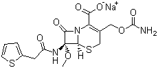 structure of CAS# 33564-30-6, Cefoxitin sodium;Sodium (6R-cis)-3-[(carbamoyloxy)methyl]-7-methoxy-8-oxo-7-(2-thienylacetamido)-5-thia-1-azabicyclo[4.2.0]oct-2-ene-2-carboxylate