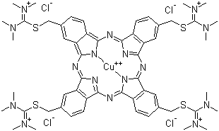 structure of CAS# 33864-99-2, Ingrain Blue 1;Alcian Blue 8GS; [[N,N',N'',N'''-[29H,31H-Phthalocyaninetetrayltetrakis[methylenethio[(dimethylamino)methylidyne]]]tetrakis[dimethylammoniumato]](2-)-N29,N30,N31,N32]copper(4+) tetrachloride