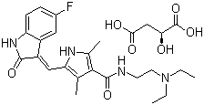 结构式 CAS# 341031-54-7, 苏尼替尼苹果酸盐; 苹果酸舒尼替尼; N-(2-(二乙基氨基)乙基)-5-((Z)-(5-氟-1,2-二氢-2-氧代-3H-吲哚-3-亚基)甲基)-2,4-二甲基-1H-吡咯-3-甲酰胺 (2S)-羟基丁二酸盐