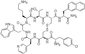 4-Chloro-L-phenylalanyl-D-cysteinyl-3-(3-pyridinyl)-L-alanyl-D-tryptophyl-N2-methyl-L-lysyl-L-threonyl-L-cysteinyl-3-(2-naphthalenyl)-L-alaninamide cyclic (2→7)-disulfide molecular structure (CAS 341519-04-8)
