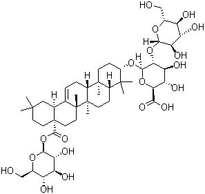 structure of CAS# 34367-04-9, Ginsenoside Ro;Chikusetsusaponin 5; Chikusetsusaponin V; Polysciasaponin P3;  (3beta)-28-(beta-D-Glucopyranosyloxy)-28-oxoolean-12-en-3-yl 2-O-beta-D-glucopyranosyl-beta-D-glucopyranosiduronic acid