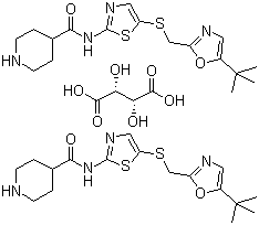 N-[5-[[[5-(1,1-Dimethylethyl)-2-oxazolyl]methyl]thio]-2-thiazolyl]-4-piperidinecarboxamide L-tartaric acid salt (2:1) molecular structure (CAS 345627-92-1)