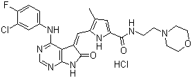 5-[[4-[(3-氯-4-氟苯基)氨基]-6,7-二氢-6-氧代-5H-吡咯并[2,3-d]嘧啶-5-亚基]甲基]-4-甲基-N-[2-(4-吗啉基)乙基]-1H-吡咯-2-甲酰胺盐酸盐分子结构 (CAS 346599-65-3)
