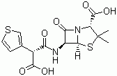 结构式 CAS# 34787-01-4, 替卡西林; (2S,5R,6R)-3,3-二甲基-6-[2-羧基-2-(2-噻吩基)乙酰氨基]-7-氧代-4-硫杂-1-氮杂双环[3.2.0]庚烷-2-羧酸