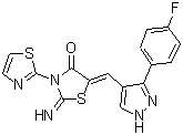 结构式 CAS# 351062-08-3, Necrostatin-7; 5-[[3-(4-氟苯基)-1H-吡唑-4-基]亚甲基]-2-亚氨基-3-(2-噻唑基)-4-噻唑烷酮