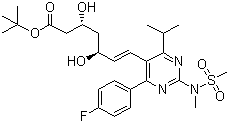 结构式 CAS# 355806-00-7, 瑞舒伐他汀叔丁酯; (6E)-7-[4-(4-氟苯基)-6-异丙基-2-[甲基(甲磺酰)氨基]嘧啶-5-基]-(3R,5S)-3,5-二羟基庚-6-烯酸叔丁酯