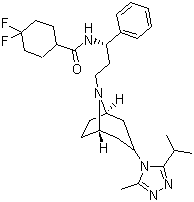 structure of CAS# 376348-65-1, Maraviroc;4,4-Difluoro-N-[(1S)-3-[(1R,5S)-3-(3-methyl-5-propan-2-yl-1,2,4-triazol-4-yl)-8-azabicyclo[3.2.1]octan-8-yl]-1-phenylpropyl]cyclohexane-1-carboxamide