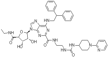 结构式 CAS# 380221-63-6, 1-脱氧-1-[6-[(2,2-二苯基乙基)氨基]-2-[[[2-[[[[1-(2-吡啶基)-4-哌啶基]氨基]羰基]氨基]乙基]氨基]羰基]-9H-嘌呤-9-基]-N-乙基-beta-D-呋喃核糖酰胺