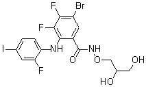 structure of CAS# 391210-00-7, PD 318088;5-Bromo-N-(2,3-dihydroxypropoxy)-3,4-difluoro-2-[(2-fluoro-4-iodophenyl)amino]benzamide