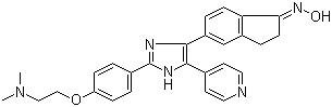 结构式 CAS# 405554-55-4, GSK 2118436; 5-[2-[4-[2-(二甲基氨基)乙氧基]苯基]-5-(4-吡啶基)-1H-咪唑-4-基]-2,3-二氢-1-茚酮肟