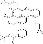 结构式 CAS# 406213-01-2, 3-[7-[2-(环丙基甲氧基)-6-[(4-甲氧基苯基)甲氧基]苯基]-1,4-二氢-2-氧代-2H-吡啶并[2,3-d][1,3]恶嗪-5-基]-1-哌啶甲酸叔丁酯