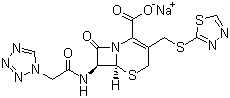 结构式 CAS# 41136-22-5, 头孢替唑钠; (6R,7R)-3-[(1,3,4-噻二唑-2-基)硫代甲基]-8-氧代-7-[2-(1H-四唑-1-基)乙酰氨基]-5-硫杂-1-氮杂双环[4.2.0]辛-2-烯-2-甲酸钠