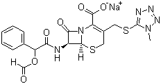 结构式 CAS# 42540-40-9, 头孢孟多酯钠; 7-D-(2-甲酰氧苯乙酰胺)-3-[(1-甲基-1H-四唑-5-基)硫甲基]-8-氧代-5-硫杂-1-氮杂双环[4.2.0]辛-2-烯-2-甲酸钠盐