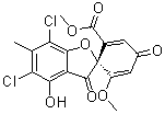 structure of CAS# 427-63-4, d-Geodin;(+)-Geodin; Estin; (1'R)-3,4'-Dioxo-5,7-dichloro-4-hydroxy-6'-methoxy-6-methyl-spiro[benzofuran-2(3H),1'-[2,5]cyclohexadiene]-2'-carboxylic acid methyl ester