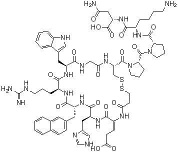 N-(3-Mercapto-1-oxopropyl)-L-alpha-glutamyl-L-histidyl-3-(2-naphthalenyl)-D-alanyl-L-arginyl-L-tryptophylglycyl-L-cysteinyl-L-prolyl-L-prolyl-L-lysyl-L-alpha-asparagine cyclic (1→7)-disulfide molecular structure (CAS 436083-30-6)