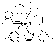 structure of CAS# 437757-12-5, (SP-5-41)-Dichloro[1,3-dihydro-1,3-bis(2,4,6-trimethylphenyl)-2H-imidazol-2-ylidene][(2-oxo-1-pyrrolidinyl)methylene](tricyclohexylphosphine)ruthenium