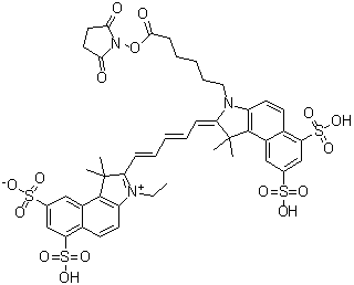 structure of CAS# 442912-55-2, 2-[5-[3-[6-[(2,5-Dioxo-1-pyrrolidinyl)oxy]-6-oxohexyl]-1,3-dihydro-1,1-dimethyl-6,8-disulfo-2H-benz[e]indol-2-ylidene]-1,3-pentadienyl]-3-ethyl-1,1-dimethyl-6,8-disulfo-1H-benz[e]indolium inner salt