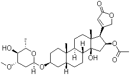 structure of CAS# 465-16-7, Oleandrin;Corrigen; Foliandrin; Folinerin; Neriol; Neriolin; Neriostene; (3beta,5beta,16beta)-16-(Acetyloxy)-3-[(2,6-dideoxy-3-O-methyl-alpha-L-arabino-hexopyranosyl)oxy]-14-hydroxycard-20(22)-enolide