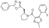 structure of CAS# 483313-22-0, (S)-1-[5-[2-Fluorophenyl]-2-methylthiazol-4-yl]-1-[2-[[5-phenyl-[1,3,4]oxadiazol-2-yl]methyl]pyrrolidin-1-yl]methanone;SB 674042
