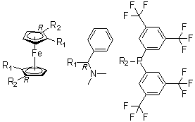 (1R,1'R)-1,1'-Bis[bis[3,5-bis(trifluoromethyl)phenyl]phosphino]-2,2'-bis[(R)-(dimethylamino)phenylmethyl]ferrocene molecular structure (CAS 494227-36-0)