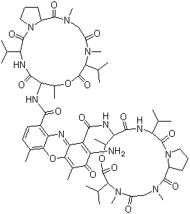 structure of CAS# 50-76-0, Actinomycin D;Dactinomycin; 2-Amino-N,N'-bis[hexadecahydro-2,5,9-trimethyl-6,13-bis(1-methylethyl)-1,4,7,11,14-pentaoxo-1H-pyrrolo[2,1-i][1,4,7,10,13]oxatetraazacyclohexadecin-10-yl]-4,6-dimethyl-3-oxo-3H-phenoxazine-1,9-dicarboxamide