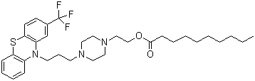 结构式 CAS# 5002-47-1, 癸氟奋乃静; 4-[3-[2-(三氟甲基)-10H-吩噻嗪-10-基]丙基]-1-哌嗪乙醇癸酸酯