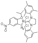 (SP-5-41)-[1,3-Bis(2,4,6-trimethylphenyl)-2-imidazolidinylidene]dichloro[[2-(1-methylethoxy)-5-nitrophenyl]methylene]ruthenium molecular structure (CAS 502964-52-5)