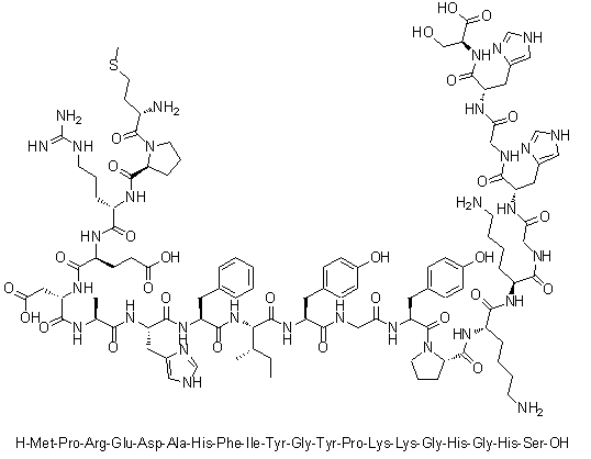 L-Methionyl-L-prolyl-L-arginyl-L-alpha-glutamyl-L-alpha-aspartyl-L-alanyl-L-histidyl-L-phenylalanyl-L-isoleucyl-L-tyrosylglycyl-L-tyrosyl-L-prolyl-L-lysyl-L-lysylglycyl-L-histidylglycyl-L-histidyl-L-serine molecular structure (CAS 508230-35-1)