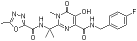 结构式 CAS# 518048-05-0, 雷特格韦; N-(2-(4-(4-氟苄基氨基甲酰基)-5-羟基-1-甲基-6-氧代-1,6-二氢嘧啶-2-基)丙-2-基)-5-甲基-1,3,4-恶二唑-2-甲酰胺