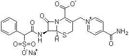 结构式 CAS# 52152-93-9, 头孢磺啶钠; (6R,7R)-3-[(4-氨基甲酰基吡啶-1-鎓-1-基)甲基]-8-氧代-7-[[(2R)-2-苯基-2-磺酸基乙酰]氨基]-5-硫-1-氮杂双环[4.2.0]辛-2-烯-2-甲酸钠