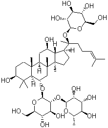 structure of CAS# 52286-59-6, Ginsenoside Re;(2S,3R,4R,5R,6S)-2-[(2R,3R,4S,5S,6R)-2-[[(3S,5R,6S,8R,9R,10R,12R,13R,14R,17S)-3,12-dihydroxy-4,4,8,10,14-pentamethyl-17-[(2S)-6-methyl-2-[(2S,3R,4S,5S,6R)-3,4,5-trihydroxy-6-(hydroxymethyl)oxan-2-yl]oxyhept-5-en-2-yl]-2,3,5,6,7,9,11,12,13,15,16,17-dodecahydro-1H-cyclopenta[a]phenanthren-6-yl]oxy]-4,5-dihydroxy-6-(hydroxymethyl)oxan-3-yl]oxy-6-methyloxane-3,4,5-triol