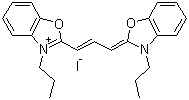 structure of CAS# 53213-79-9, 3,3'-Dipropyloxacarbocyanine iodide;3-Propyl-2-[3-[3-propyl-2(3H)-benzoxazolylidene]-1-propenyl]benzoxazolium iodide