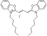 structure of CAS# 53213-82-4, 3,3'-Dihexyloxacarbocyanine iodide;3-Hexyl-2-[3-[3-hexyl-2(3H)-benzoxazolylidene]-1-propenyl]benzoxazolium iodide