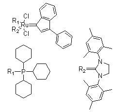 [1,3-Bis(2,4,6-trimethylphenyl)-2-imidazolidinylidene]dichloro-(3-phenyl-1H-inden-1-ylidene)(tricyclohexylphosphine)ruthenium(II) molecular structure (CAS 536724-67-1)