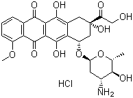 structure of CAS# 56390-09-1, Epirubicin hydrochloride;(8S-cis)-10-[(3-Amino-2,3,6-trideoxy-alpha-L-arabino-hexopyranosyl)oxy]-7,8,9,10-tetrahydro-6,8,11-trihydroxy-8-(hydroxyacetyl)-1-methoxynaphthacene-5,12-dione hydrochloride
