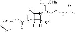 结构式 CAS# 58-71-9, 头孢噻吩钠; (6R,7R)-3-乙酰氧甲基-8-氧代-7-[2-(噻吩-2-基)乙酰氨基]-5-硫杂-1-氮杂双环[4.2.0.]辛-2-烯-2-甲酸钠