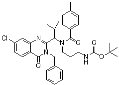 structure of CAS# 587881-28-5, (R)-[3-[[1-(3-Benzyl-7-chloro-4-oxo-3,4-dihydroquinazolin-2-yl)-2-methylpropyl](4-methylbenzoyl)amino]propyl]carbamic acid tert-butyl ester