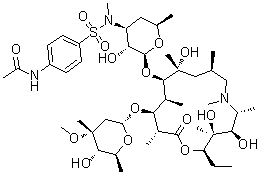 structure of CAS# 612069-30-4, 3'-N-((4-(Acetylamino)phenyl)sulfonyl)-3'-N-demethylazithromycin;(2R,3S,4R,5R,8R,10R,11R,12S,13S,14R)-11-[[3-[[[4-(Acetylamino)phenyl]sulfonyl]methylamino]-3,4,6-trideoxy-beta-D-xylo-hexopyranosyl]oxy]-13-[(2,6-dideoxy-3-C-methyl-3-O-methyl-alpha-L-ribo-hexopyranosyl)oxy]-2-ethyl-3,4,10-trihydroxy-3,5,6,8,10,12,14-heptamethyl-1-oxa-6-azacyclopentadecan-15-one