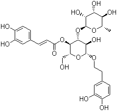 structure of CAS# 61276-17-3, Verbascoside;[(2R,3R,4R,5R,6R)-6-[2-(3,4-Dihydroxyphenyl)ethoxy]-5-hydroxy-2-(hydroxymethyl)-4-[(2S,3R,4R,5R,6S)-3,4,5-trihydroxy-6-methyloxan-2-yl]oxyoxan-3-yl] (E)-3-(3,4-dihydroxyphenyl)prop-2-enoate
